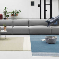Modern gray sofa on a multicolored rug with beige, blue, and cream patterns. Green plants in the background.