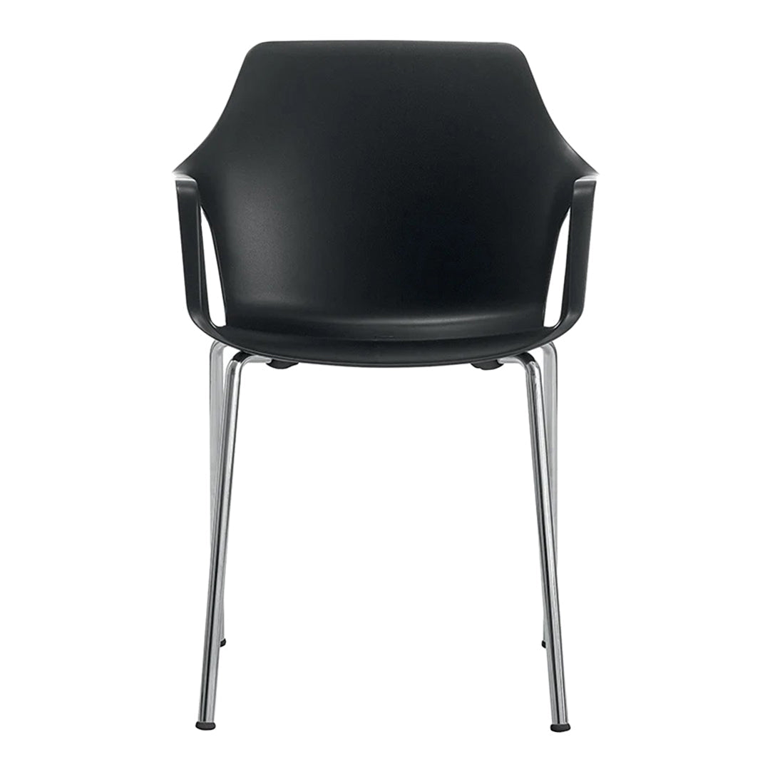 Black chair with sleek design, featuring a smooth plastic seat and shiny chrome legs. Minimalist and modern look.