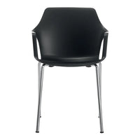 Black chair with sleek design, featuring a smooth plastic seat and shiny chrome legs. Minimalist and modern look.