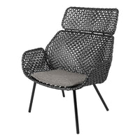 Black woven chair with a textured pattern, featuring a grey cushion seat and sleek black legs.