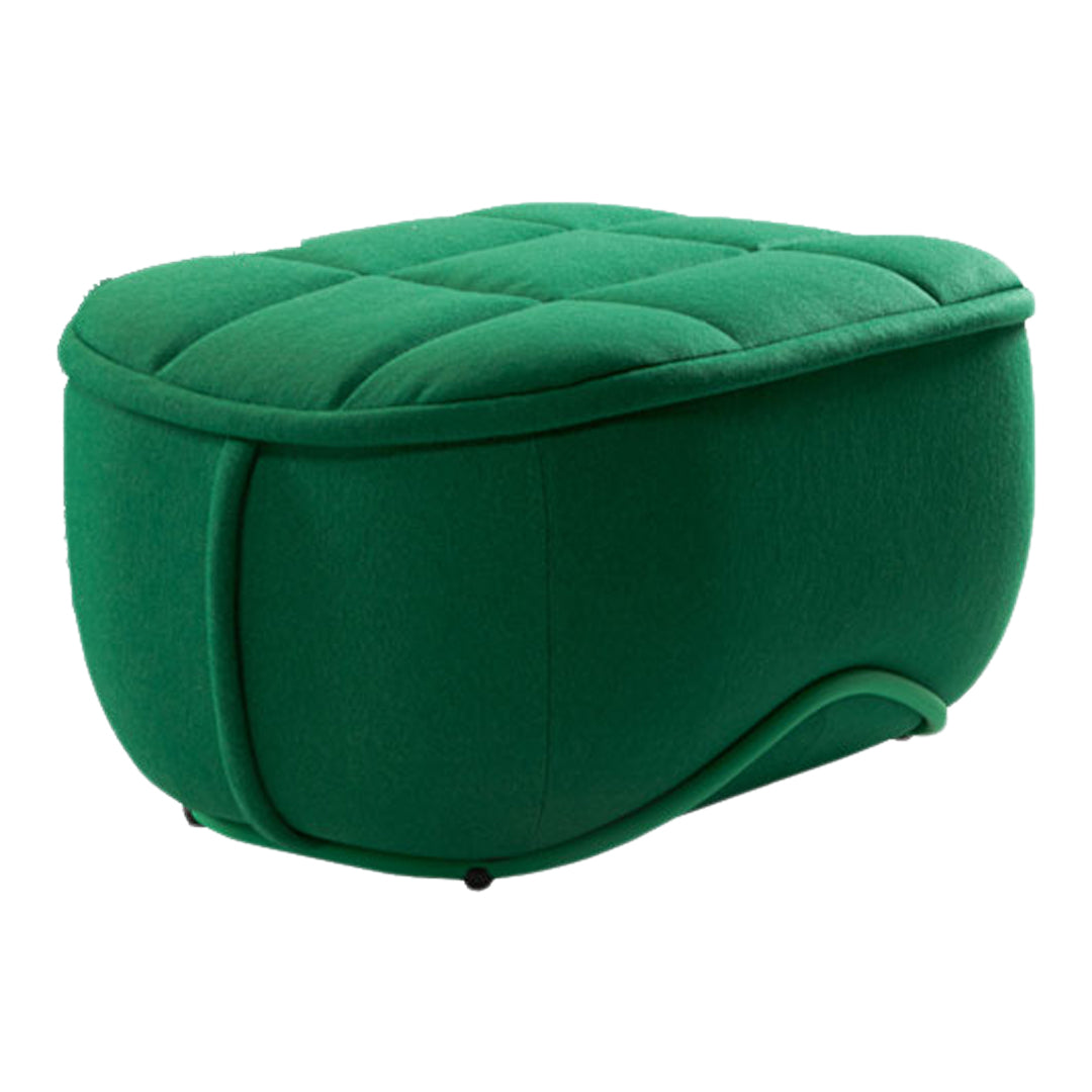 Green quilted ottoman with a contemporary curved design, perfect for modern decor. Ideal for adding a pop of color.