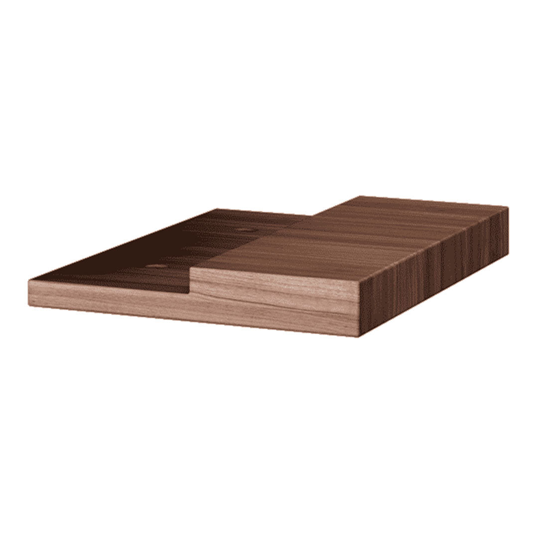 Dark walnut butcher block with varying rich brown tones, featuring clean lines and subtle wood grain patterns.