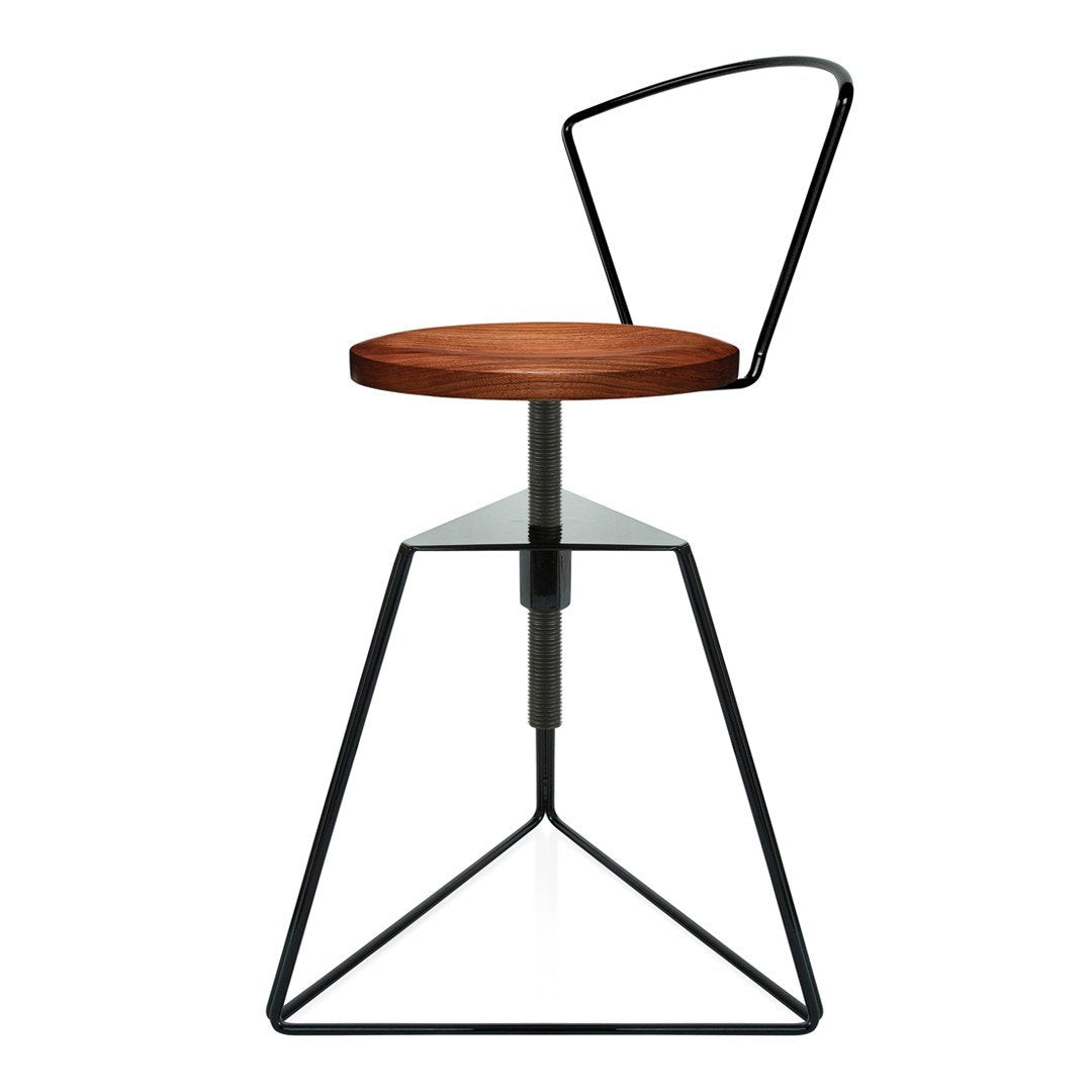 Wooden round seat with a rich brown finish, black metal frame, and geometric base design. Perfect blend of modern aesthetics.