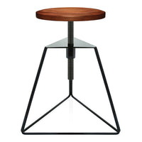 Wooden seat in rich brown atop a sleek black metal base with geometric triangular design. Perfect modern accent piece.