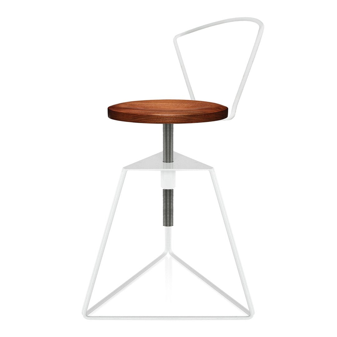 Stylish bar stool featuring a rich brown wooden seat and a sleek white metal frame with geometric patterns.