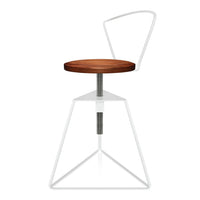Stylish bar stool featuring a rich brown wooden seat and a sleek white metal frame with geometric patterns.