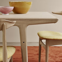 Light wood table with yellow upholstered chairs, accented by pink and yellow bowls, against a warm orange rug.