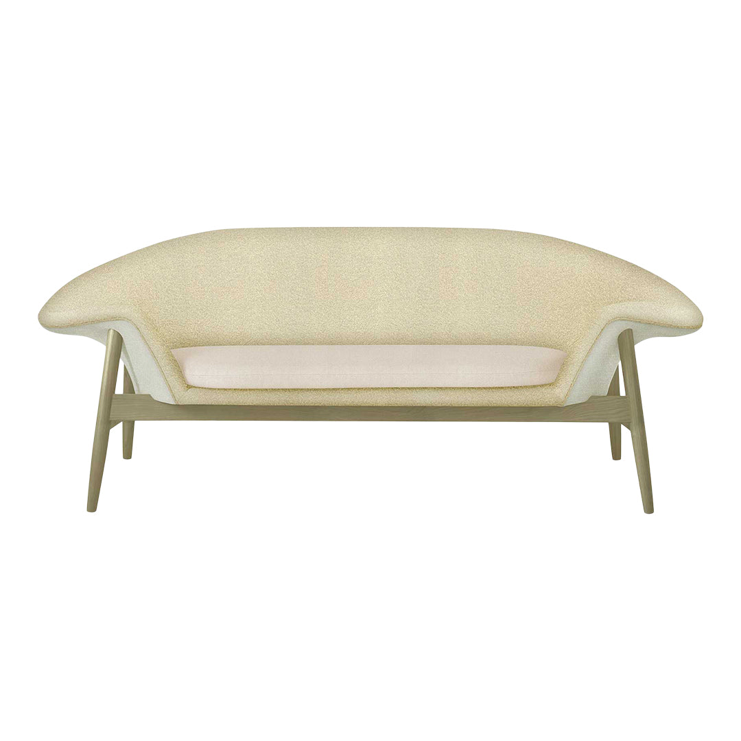 Beige textured sofa with a minimalist design and light wood frame, ideal for modern decor.