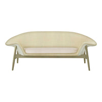 Beige textured sofa with a minimalist design and light wood frame, ideal for modern decor.
