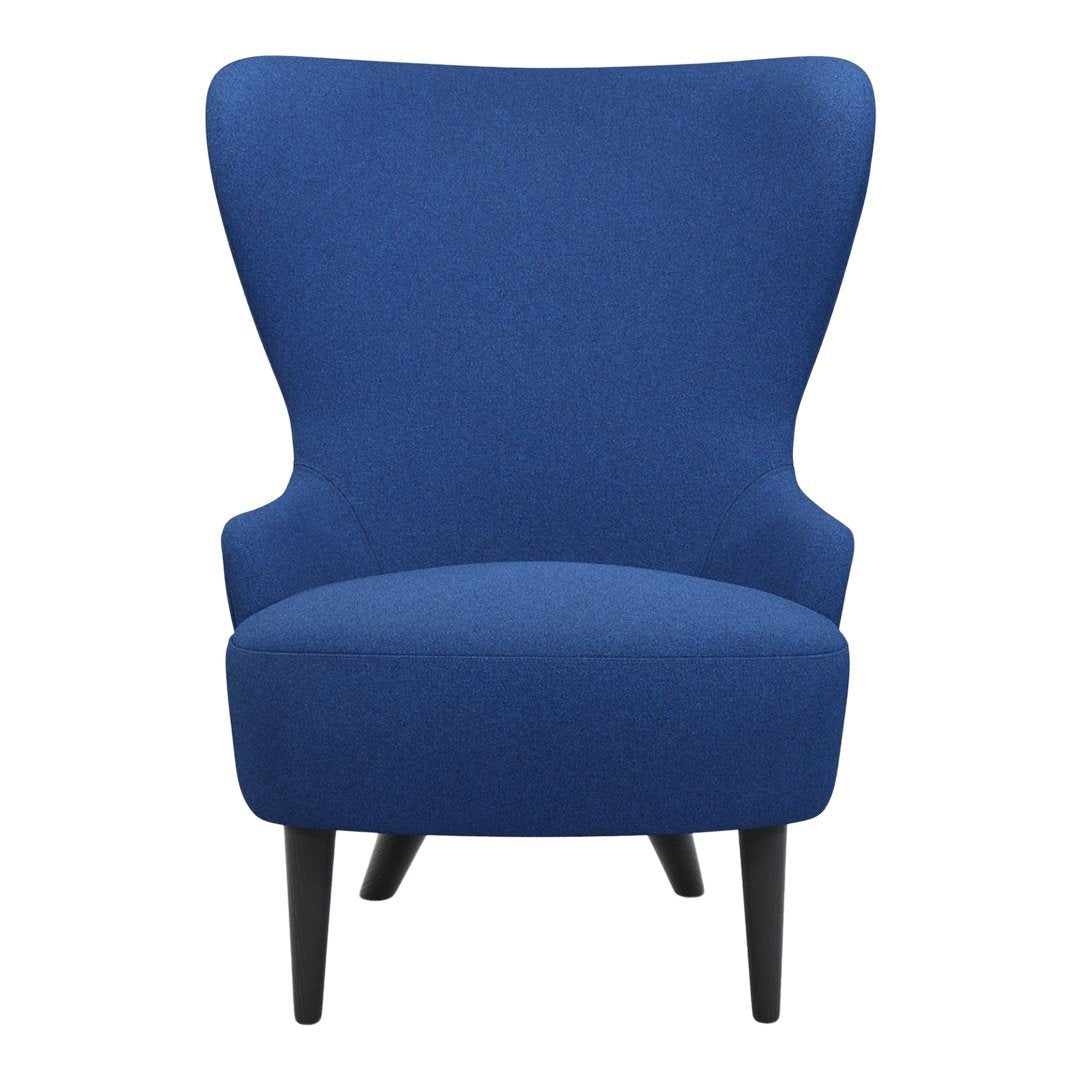 Blue upholstered accent chair with a modern, sleek design and tapered black wooden legs. Perfect for any space.