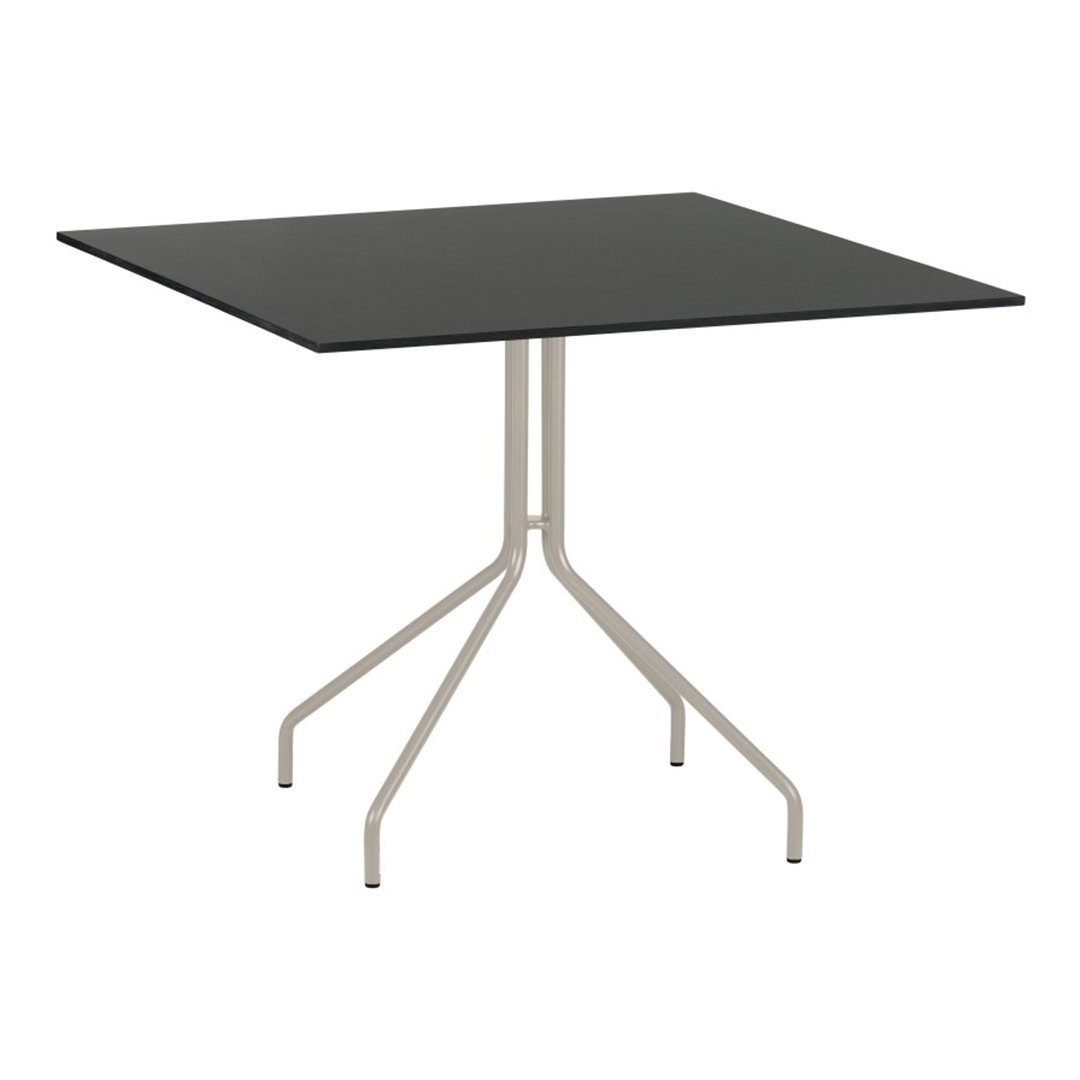 Black square table with a sleek, minimalist design and a light gray metal base. Ideal for modern decor.