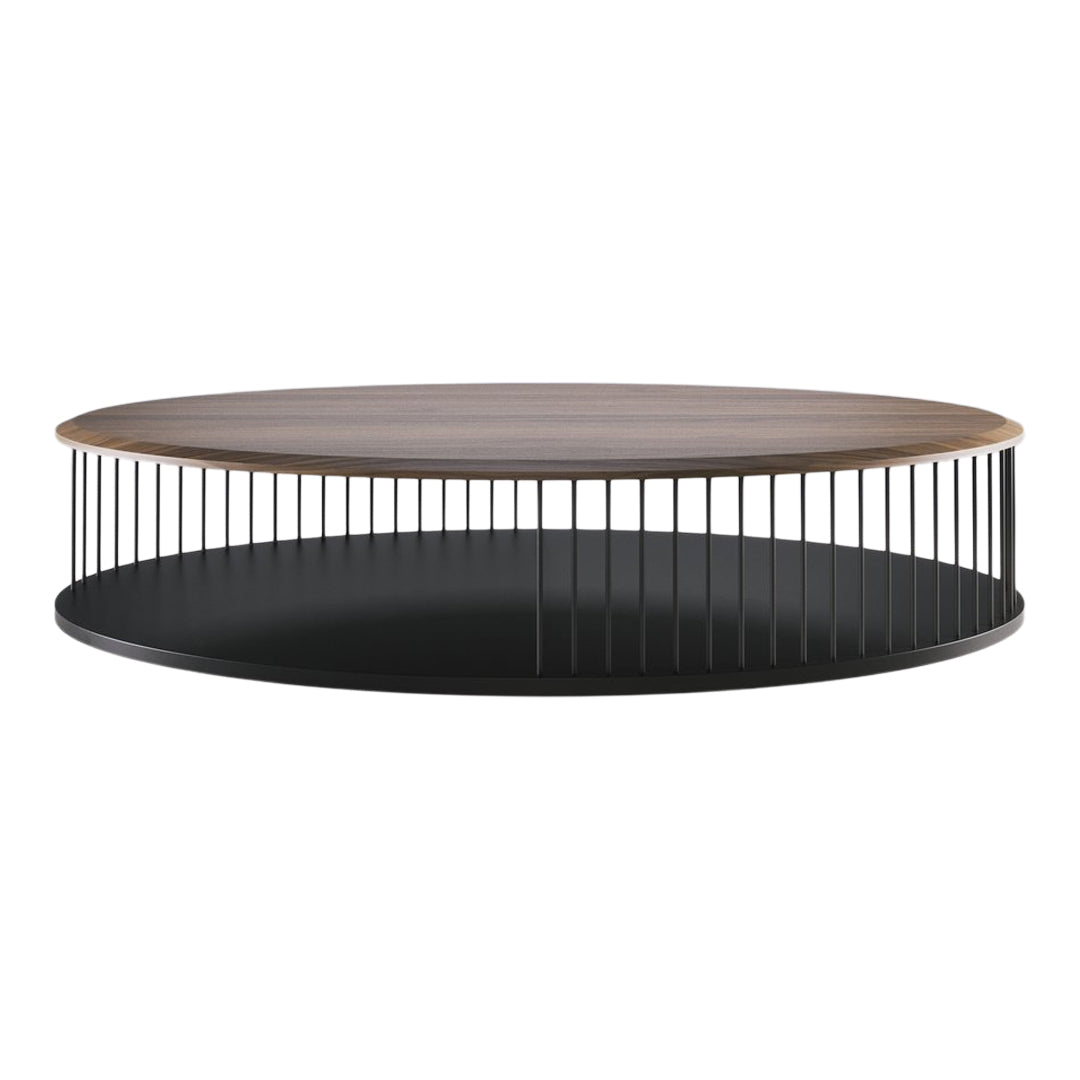 Round coffee table with a wood top and black metal base, featuring a sleek, modern design and open wire pattern.