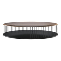 Round coffee table with a wood top and black metal base, featuring a sleek, modern design and open wire pattern.