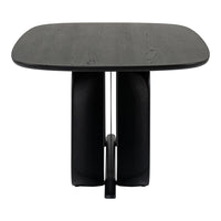 Black square table with a smooth surface and modern, bold legs, featuring a minimalist design and sleek finish.