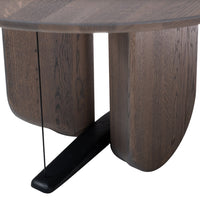 Dark wood tabletop with a smooth finish, featuring subtle grain patterns and contrasting black legs for a modern look.