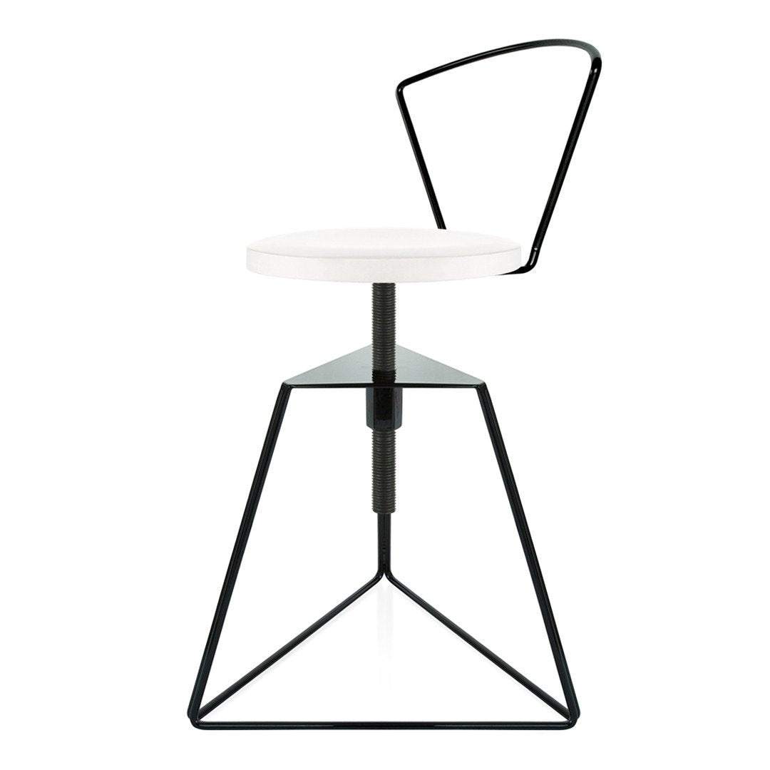 White circular seat with a black metal frame, featuring a geometric tripod base for modern decor.