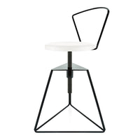 White circular seat with a black metal frame, featuring a geometric tripod base for modern decor.