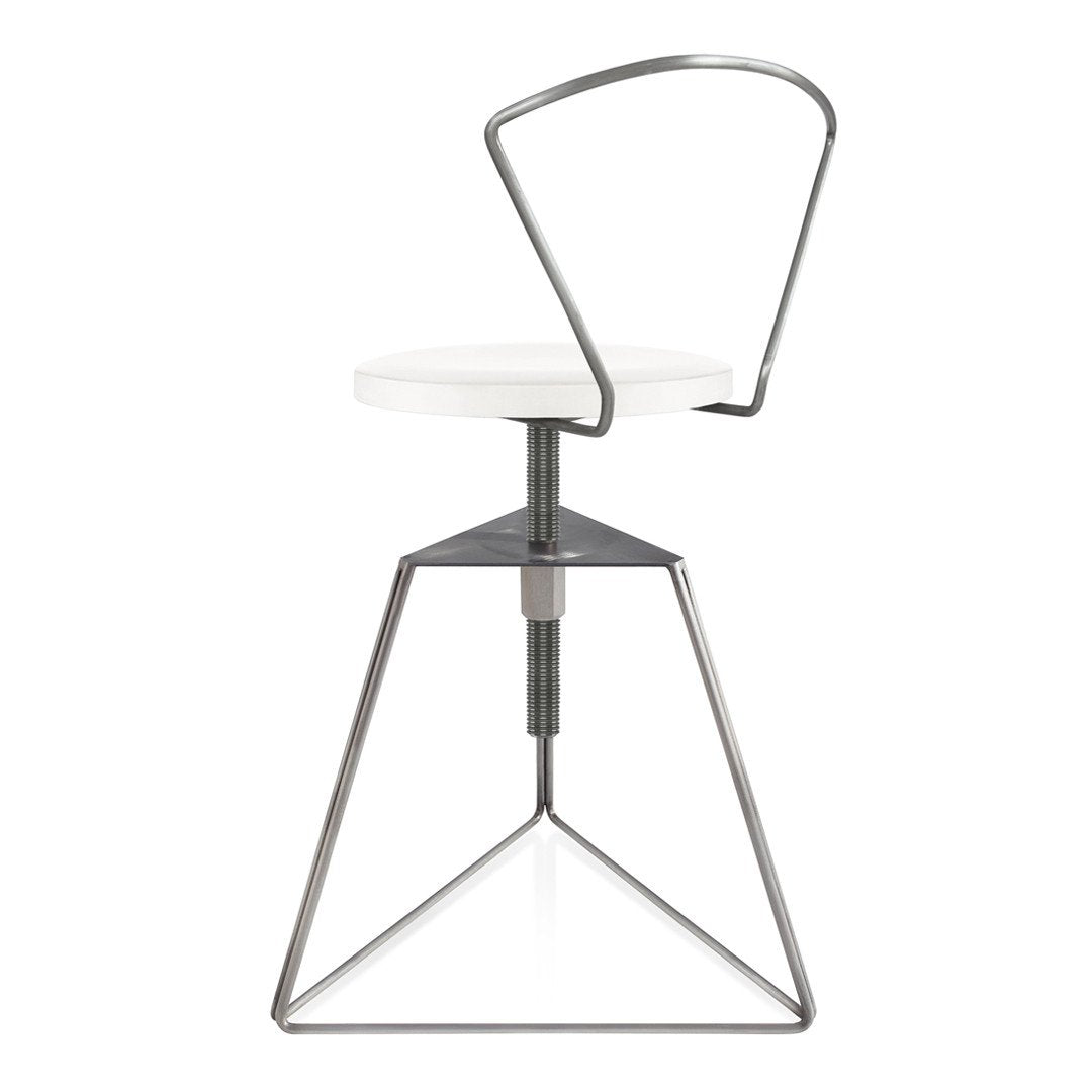 Modern white chair with a sleek chrome base and minimalist design, featuring a geometric pattern in its structure.