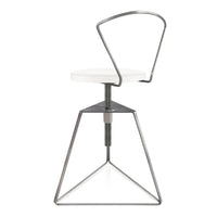 Modern white chair with a sleek chrome base and minimalist design, featuring a geometric pattern in its structure.