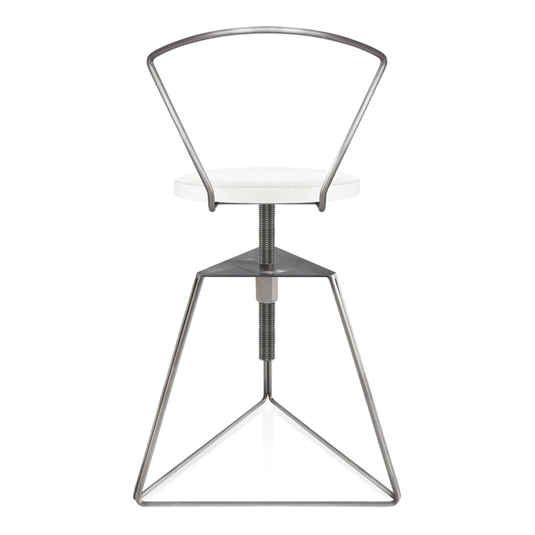 Modern adjustable chair with a sleek white seat and metallic silver frame, featuring geometric lines and an industrial design.