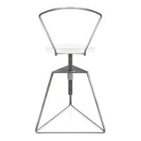 Modern adjustable chair with a sleek white seat and metallic silver frame, featuring geometric lines and an industrial design.