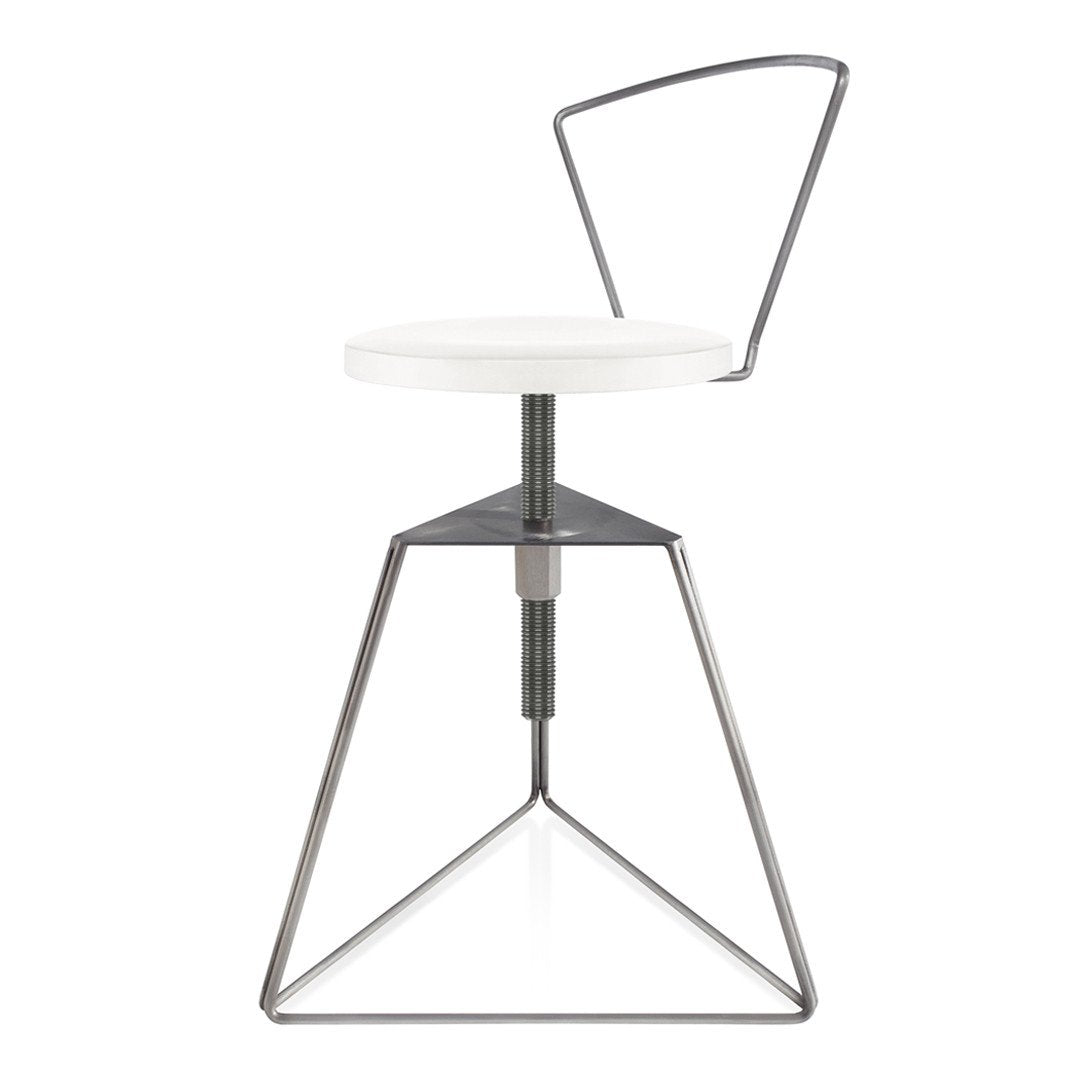 White circular seat on a sleek metal frame with geometric patterns, ideal for modern decor.