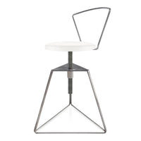 White circular seat on a sleek metal frame with geometric patterns, ideal for modern decor.