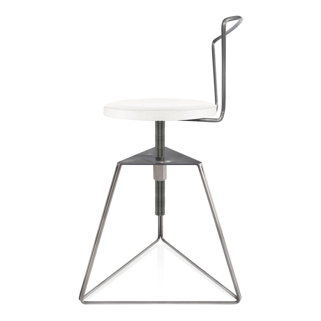 White round seat with a sleek gray metal base and unique triangular support, highlighting minimalist design.