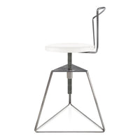 White round seat with a sleek gray metal base and unique triangular support, highlighting minimalist design.