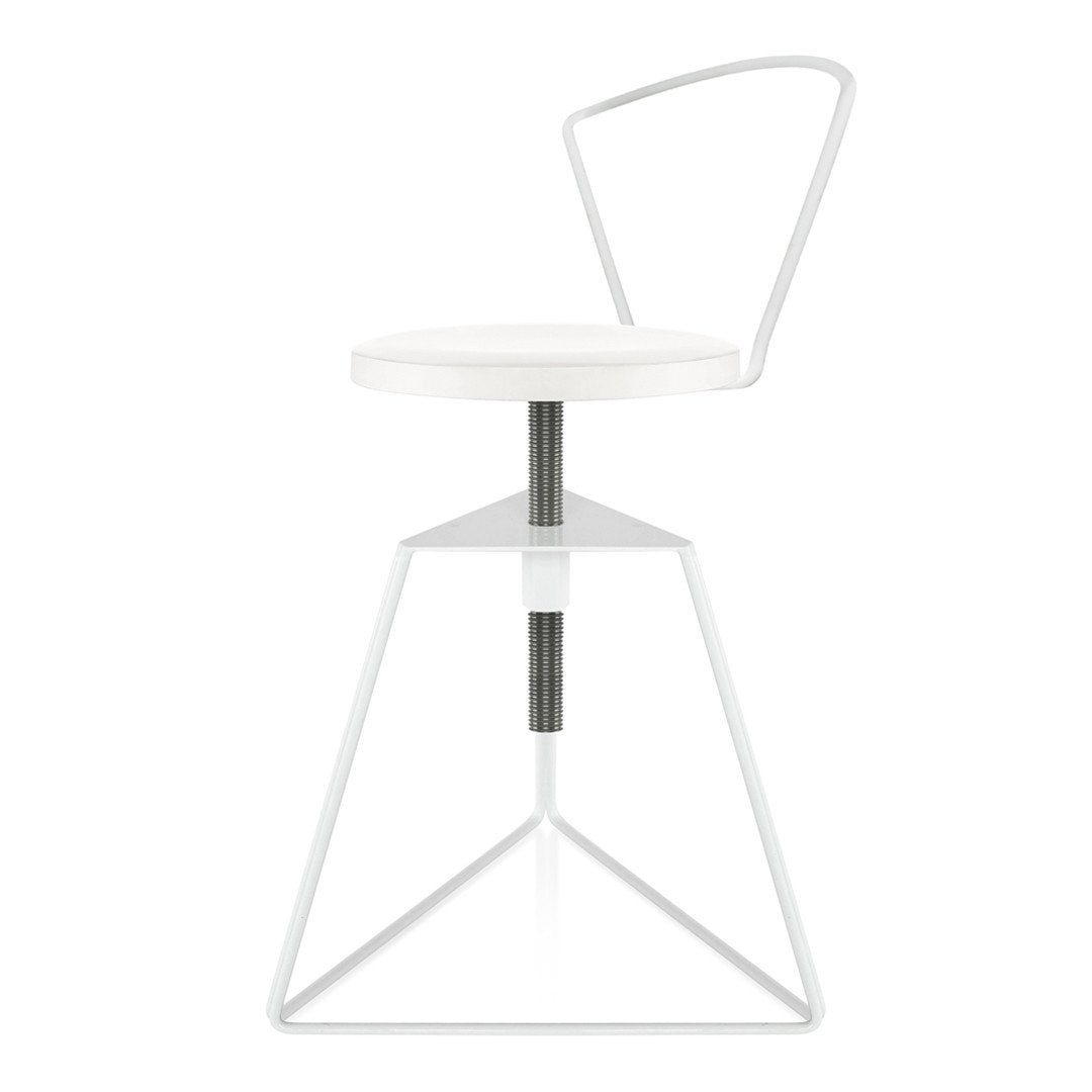 Modern white stool with a sleek, geometric base and circular seat, featuring minimalist design and clean lines.