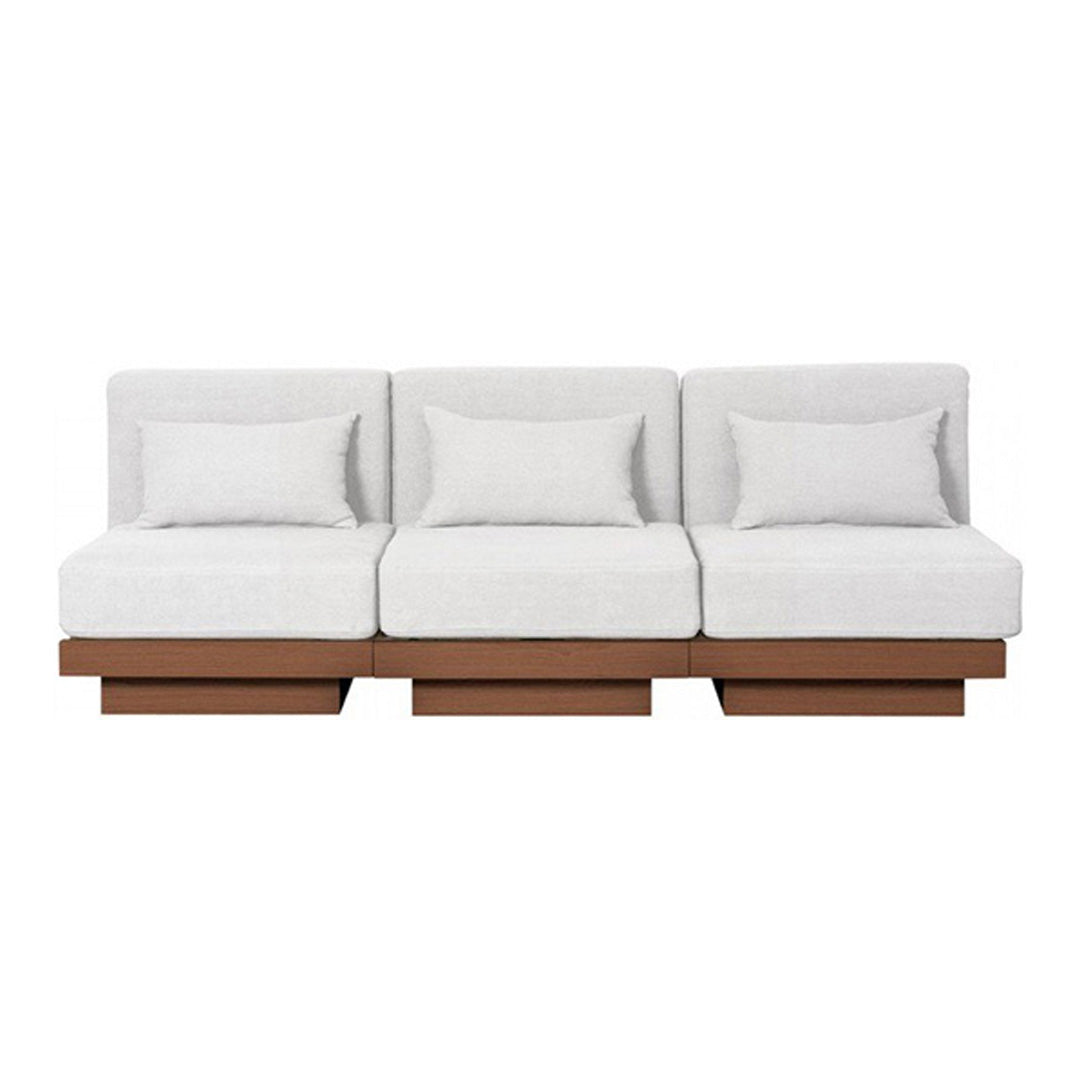 Modern three-section sofa with a clean white fabric and warm wood base, ideal for minimalist decor.