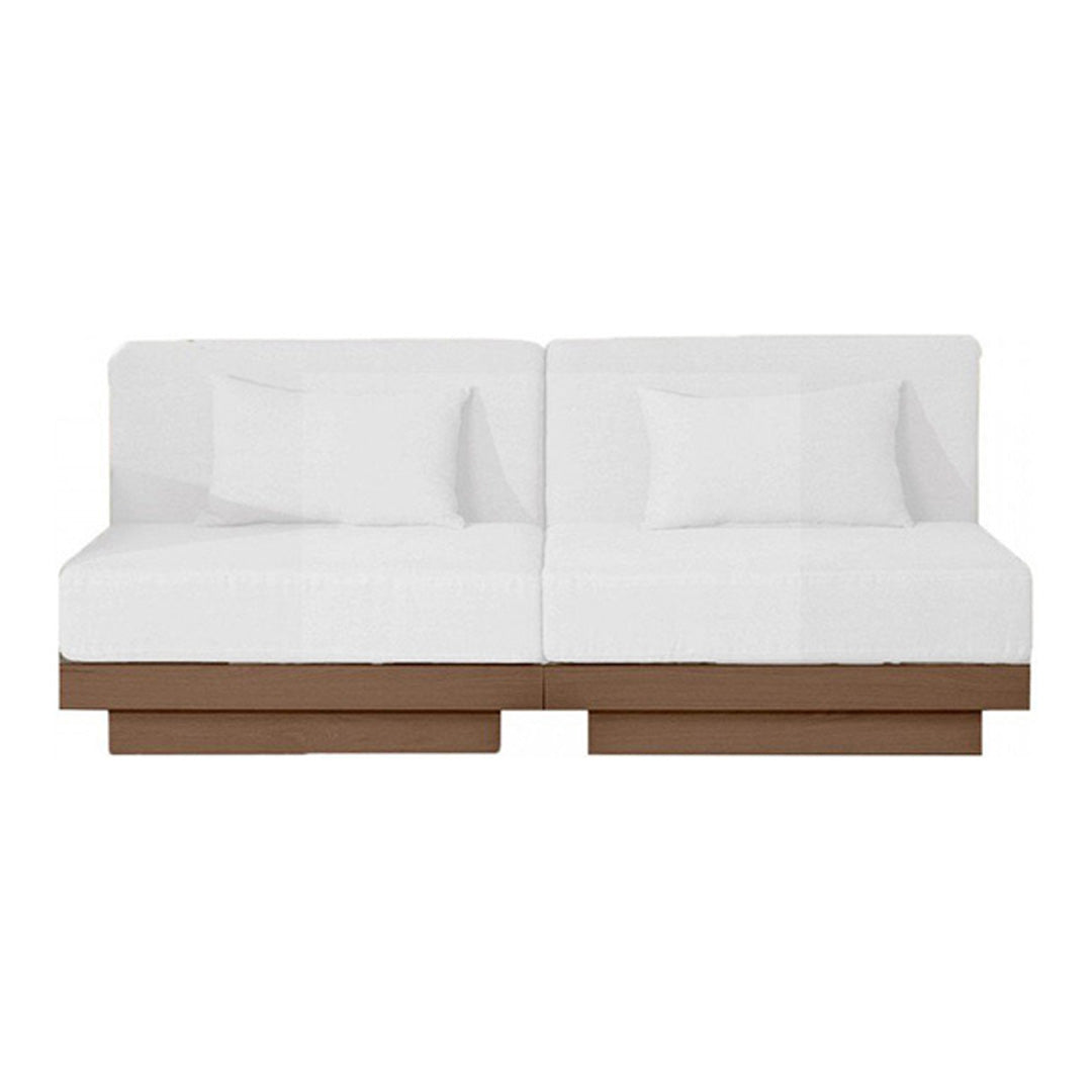 White fabric sofa with a sleek design and rich brown wooden base. Ideal for modern living spaces.