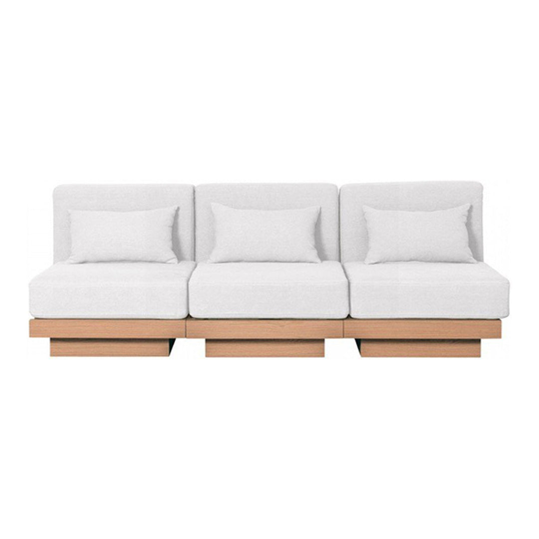 Modern three-seater sofa in crisp white fabric with soft cushions and natural wood base. Perfect for minimalist decor.