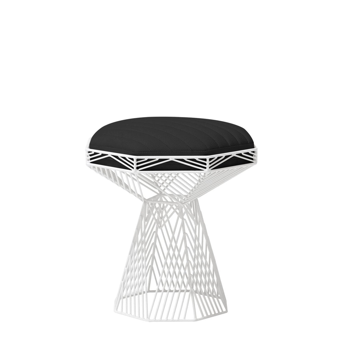 Black cushioned stool with a geometric white metal base design, perfect for modern decor.