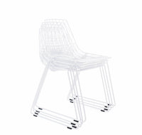 Stackable transparent white wire chair with a minimalist design and subtle grid pattern. Perfect for modern spaces.