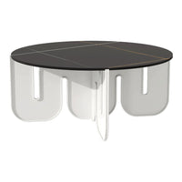 Modern round coffee table with a sleek black top and clear acrylic base, featuring minimalistic grid patterns.