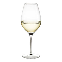 Clear crystal wine glass showcasing a sleek design with a smooth surface and elegant stem, filled with pale yellow-white wine.