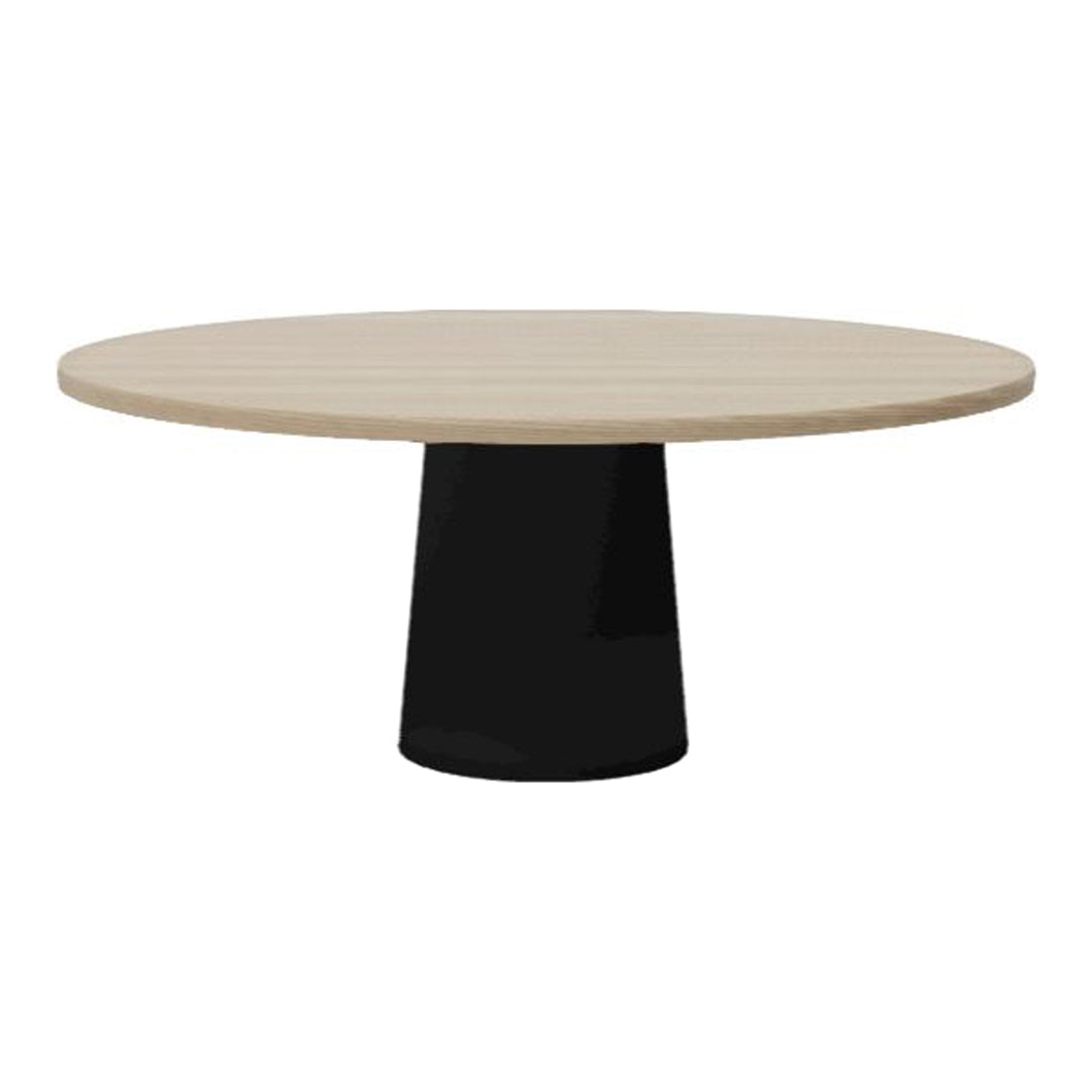 Round dining table with a light wood top and a sleek black base, showcasing a modern and minimalist design.