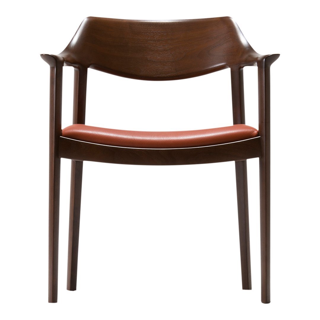 Brown wood chair with a smooth, curved design and a warm orange cushion seat. Elegant and modern aesthetic.