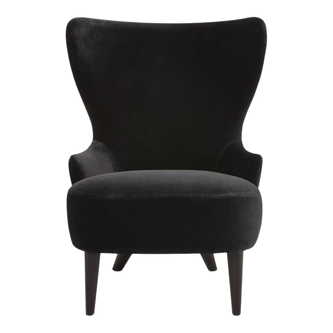 Black velvet accent chair with a smooth, sleek finish and elegant curved design. Perfect for modern decor.