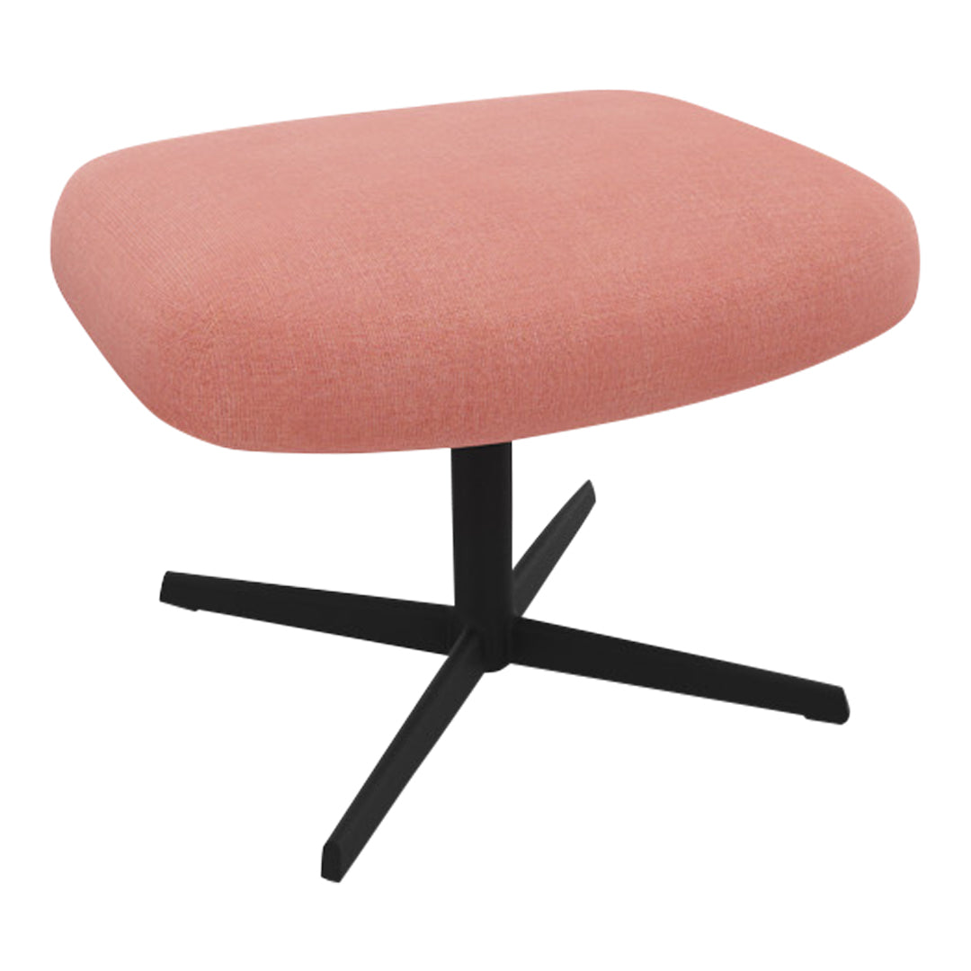 Pink upholstered ottoman on a black cross-base, featuring a smooth, modern design. Perfect for contemporary decor.
