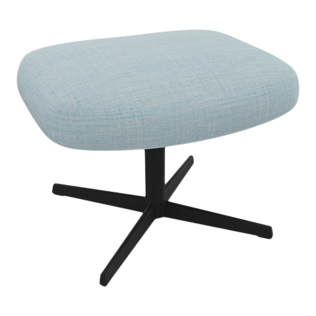 Light blue upholstered ottoman with a textured pattern and black metal base, perfect for modern decor.