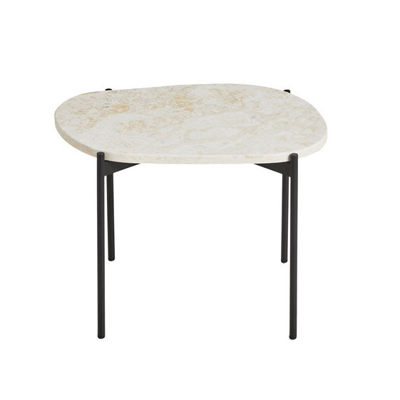 Creamy beige tabletop with organic patterns and sleek black legs, perfect for modern decor.
