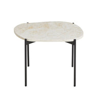 Creamy beige tabletop with organic patterns and sleek black legs, perfect for modern decor.