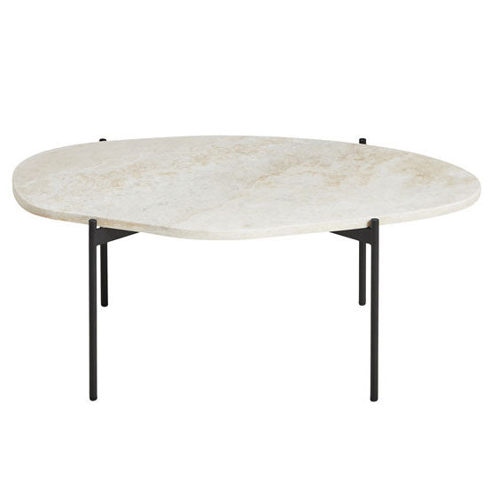 Elegant oval coffee table with a cream marble top and sleek black metal legs. Modern minimalist design.