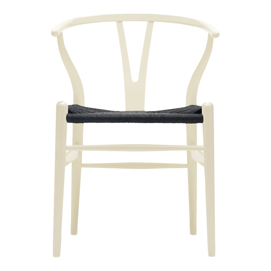 Beige chair with a minimalist design and a dark gray seat cushion, featuring clean lines and a modern aesthetic.