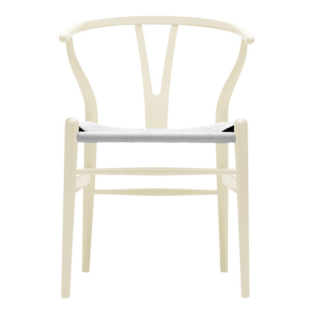 Cream-colored chair with a minimalist design and a light gray woven seat, featuring a smooth, modern finish.