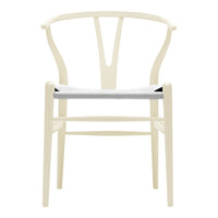 Cream-colored chair with a minimalist design and a light gray woven seat, featuring a smooth, modern finish.