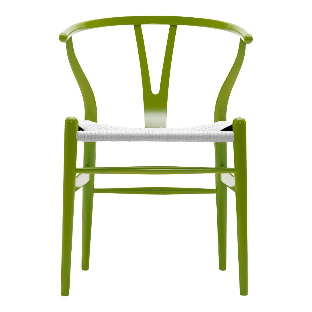 Green wooden chair with a minimalist design and a white seat cushion, featuring a smooth finish and clean lines.