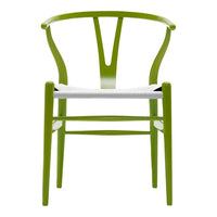 Green wooden chair with a minimalist design and a white seat cushion, featuring a smooth finish and clean lines.